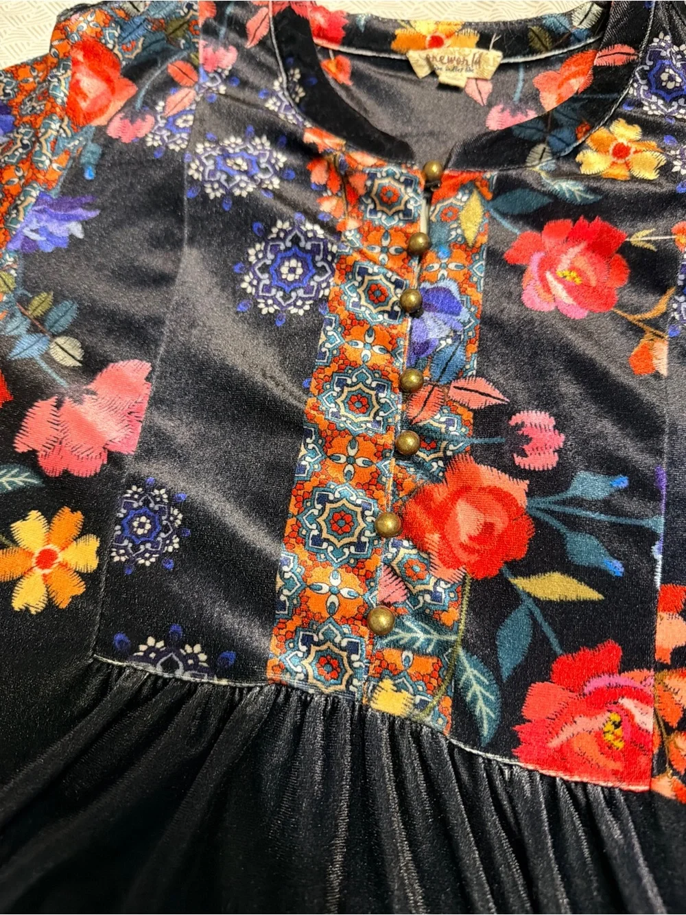 One world Boho patchwork velvet blouse balloon sleeve size L whimsigoth fairy